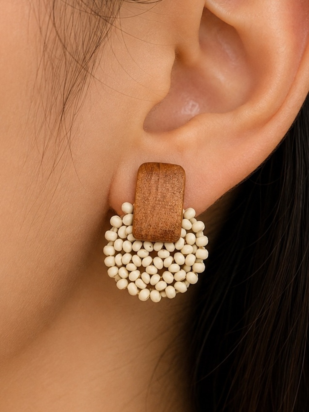 NWOT Handmade Woven Geometric Wood Bead Drop Earrings